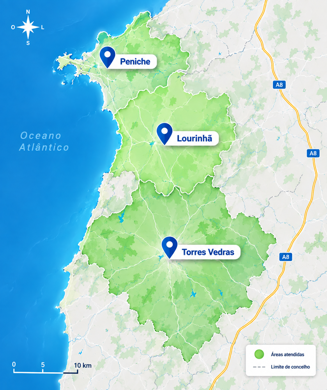 mapa de regiões atendidas, Peniche, Lourinhã e Torres Vedras